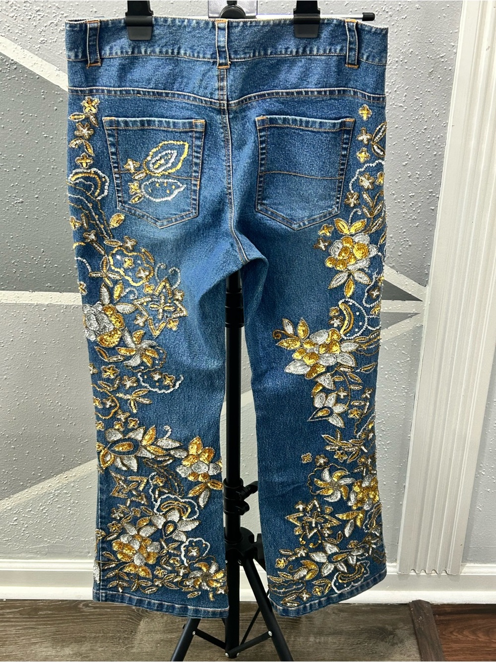 Midnight Velvet Blue Denim Flare Jeans with Gold & Silver Floral Embroidery